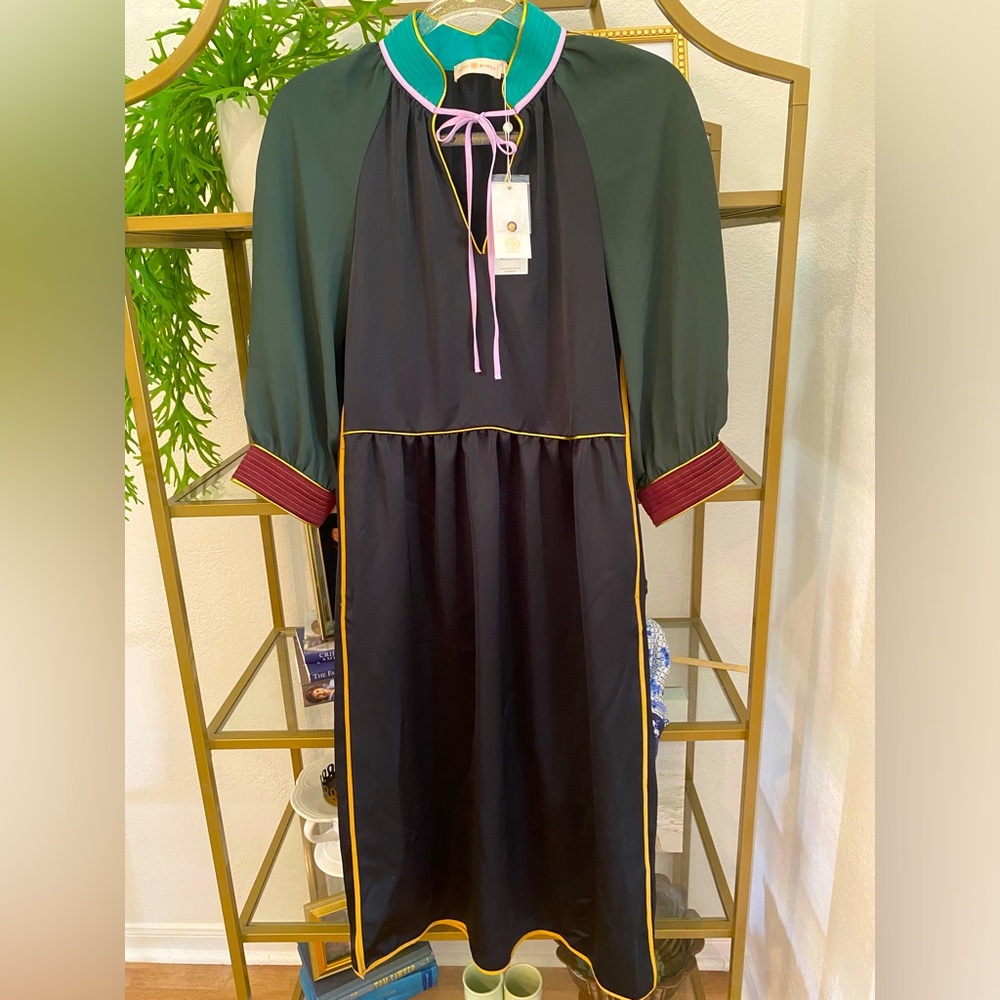 NWT Tory Burch tie neck trapanto black dress size 4